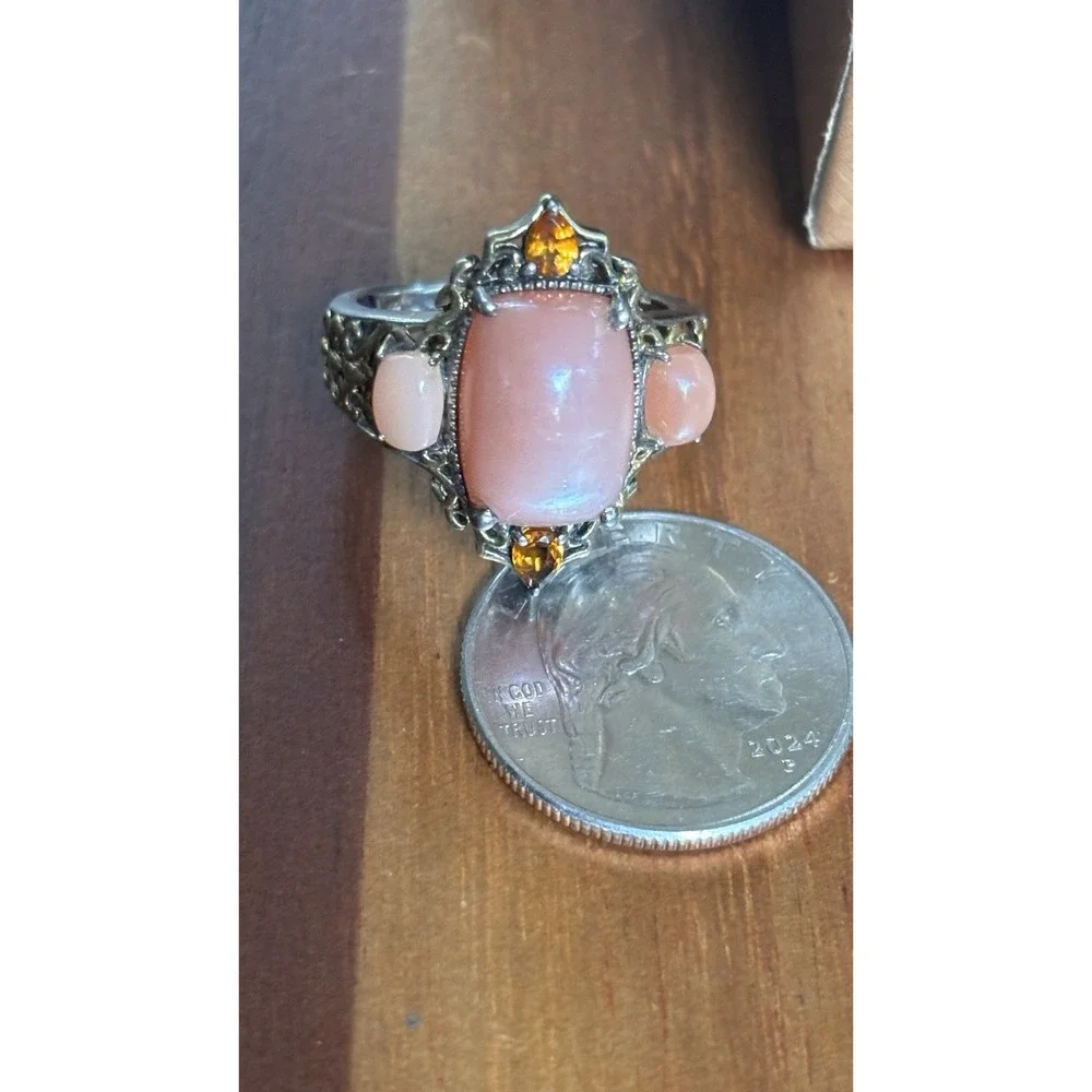 Natural Peach Moonstone And Citrine Sterling Silver Cocktail Ring Size 9.25 - Picture 11 of 12